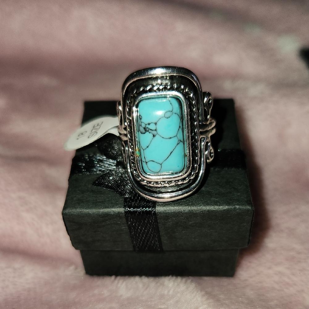 Stainless Steel Silver Turquoise Accent Ring - Blue - Picture 1 of 5
